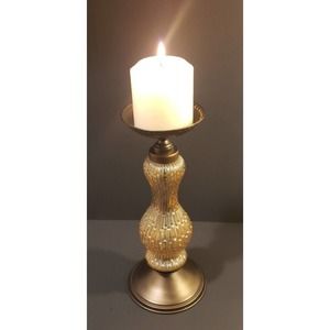 FALL Pillar Candle Holder, Lovely Iridescent Amber Glass & Bronze Metal 12 1/4"!